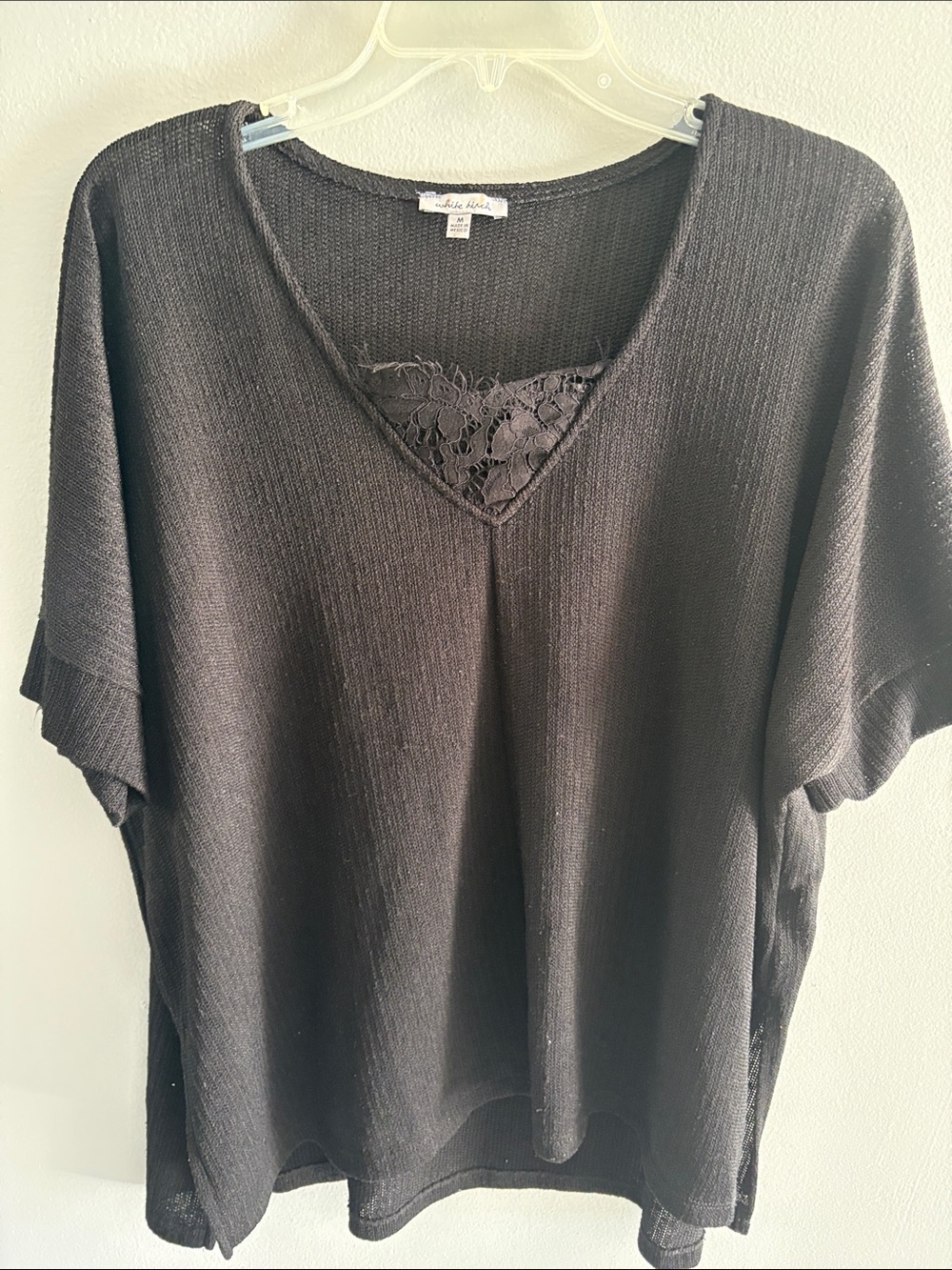 white birch Black V-Neck Lace Inset Short Sleeve Top